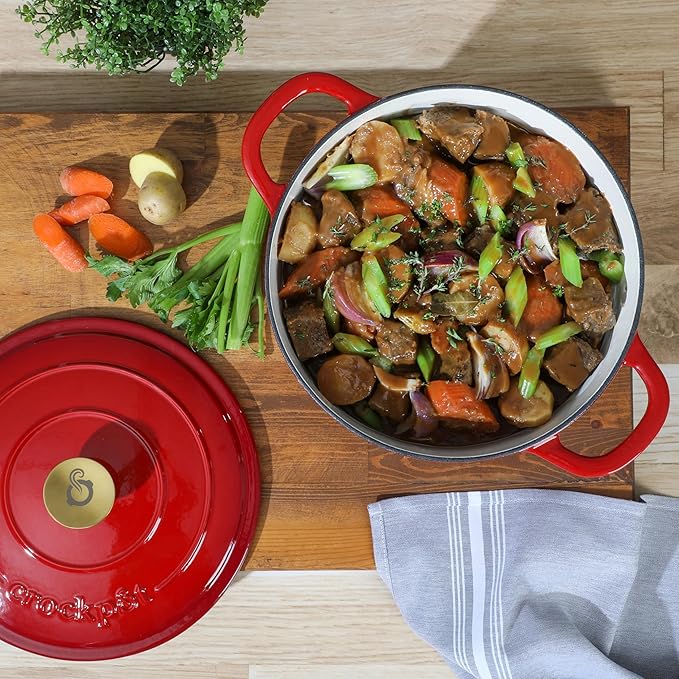 Crock Pot Artisan 6-Quart Round European Enameled Cast Iron Dutch Oven Pot With Lid -Gradient Red