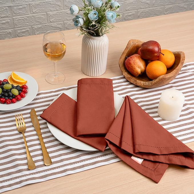 Blue Needles Set of 12 Hemstitch Linen Napkins 100% Cotton Rust Cloth Dinner Napkins 18x18 inches, Soft, Reusable, Absorbent, Washable, Ideal for Wedding Events, Parties & Everyday Use