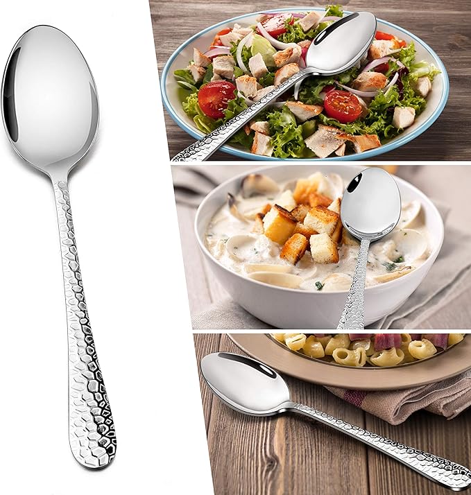 E-far 12-Piece Stainless Steel Hammered Dinner Spoons Set, Modern Silver Large Soup Spoons for Home, Kitchen, Restaurant, Round Edge & Mirror Polished, Dishwasher Safe - 7.9 Inches