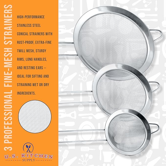 U.S. Kitchen Supply Set of 3 Stainless Steel Conical Strainers - 3", 4" & 5.5" Sizes - Chinois Style, Extra Fine Twill Mesh Sieve, Stainless Steel Strainers and Colanders for Kitchen