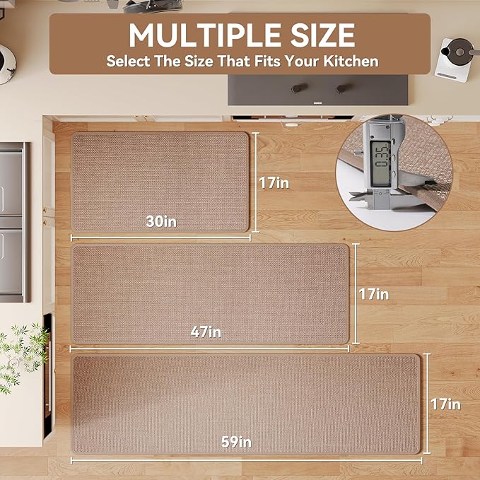 Kitchen Rugs Mat Non Slip Washable, Linen-Look 0.3" Thick Soft Cushioned Absorbent Kitchen Mats for Floor, Mild Anti-Fatigue Runner Rug Sink Mat Laundry Standing Mats, Easy Clean, Brown 17"x47"