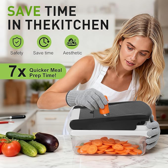 Multifunctional Mandoline Slicer with 7 Blades, Vegetable Chopper Food Cutter with Container, Onion Dicer Potato Grater Salad Prep Tool, Stainless Steel Kitchen Gadgets for Veggie Fruit (Black)