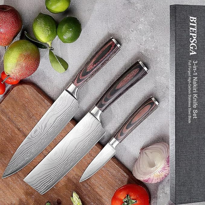 3 PCS Japanese Chef Knife Set – High Carbon Stainless Steel Nakiri Knives, Ultra Sharp Chef Knives, Multi-purpose Kitchen Knives for Precise Cutting, with Stylish Gift Box