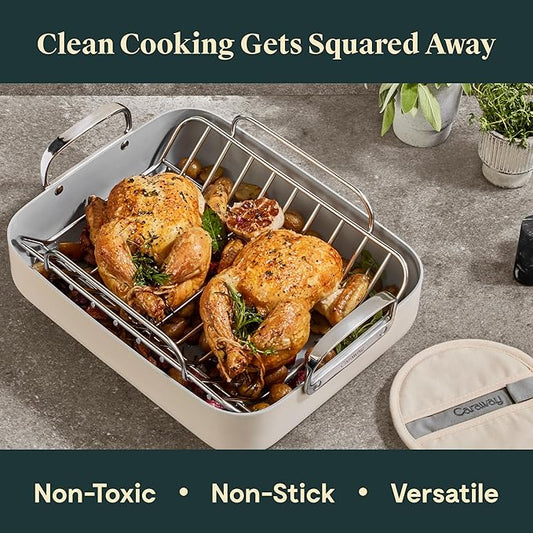 Caraway Roasting Pan - 16x13” Roasting Pan with Rack - Non-Stick Ceramic Coated - Non Toxic, PTFE & PFOA Free - Oven Safe & Compatible with All Stovetops - White