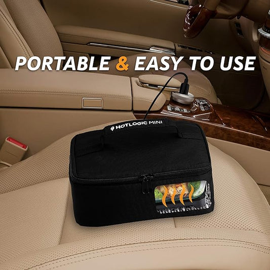 HOTLOGIC Mini Portable Electric Lunch Box Food Heater with Glass Container - Food Warmer and Heated Lunch Box for Adults Car/Home - Cook, Reheat, and Keep Your Food Warm - BLACK - 12V