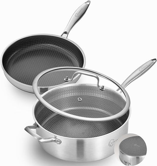 LOLYKITCH 7 QT & 12 Inch Ceramic Nonstick Pan Set – Tri-Ply Stainless Steel Large Sauté Pan with Lid & Frying Pan – Removable Handle for Easy Storage, PFOA-Free, Induction & Oven Safe