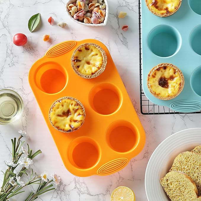 2PCS Silicone Muffin Cupcake Pan Molds, Ohola 6-Cavity Nonstick Silicone Muffin Pans for baking, Perfect for Cupcakes, Muffin, Brownies and More, BPA Free, 2 Pack (Orange and Peacock Blue)
