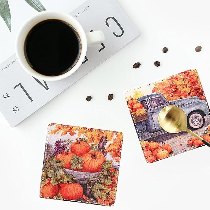 Thanksgiving Day Coasters Square Leather Drinks Coaster Set with Holder for Coffee Table Bar Home Decor 4 Inches Set of 6