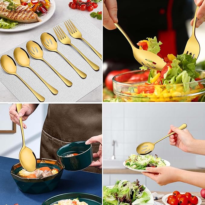 Homikit 6 Pack Serving Spoons Slotted Spoons Forks, 9.8 Inch Stainless Steel Gold Serving Utensils Hostess Set for Catering Buffet Party Banquet Restaurant, Mirror Polish & Dishwasher Safe