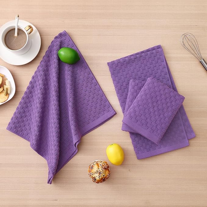 Homaxy 100% Cotton Kitchen Towels and Dishcloths Set, 12 x 12 & 15 x 25 Inches, Set of 10 Bulk Terry Cloth Dish Towels, Super Soft and Absorbent Hand Towel with Hanging Loop, Purple