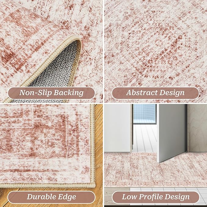 Rug Runners for Hallways Non Slip - 2x8 Runner Rug for Bedroom, Washable Runner with Rubber Backing, Soft Low-Pile Carpet for Kitchen, Laundry, Bathroom (2'x8', Pink/Ivory)