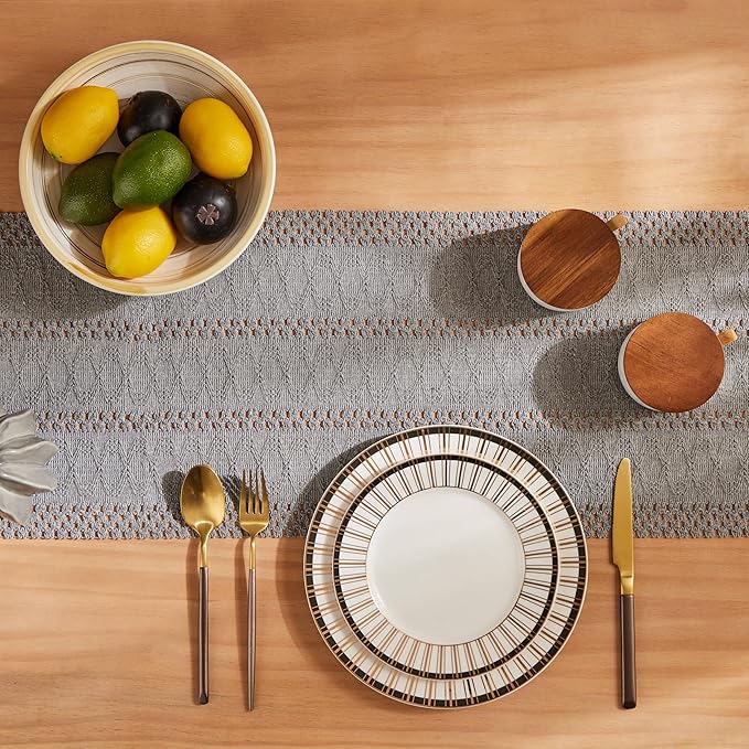 ZeeMart Macrame Style Boho Table Runner, Grey Table Runners 108 Inches Long, Farmhouse Woven Home Decor, 12x108 Inch, Grey