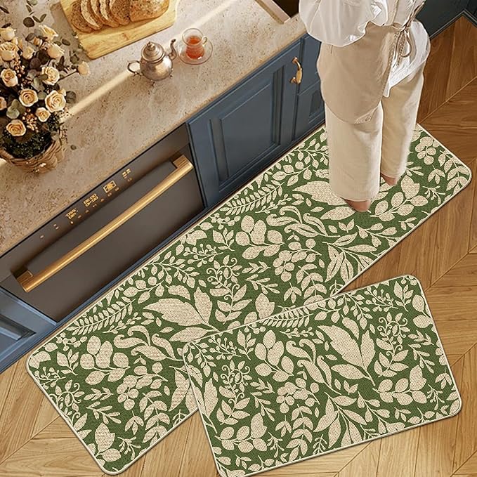 Spring Kitchen Rug and Mat Set of 2 Green Leaves Floor Mat Non Slip Rubber Backing Low-Profile Kitchen Rugs for Floor Summer Kitchen Decor for Home Bath Office- 17x29 and 17x47 Inch