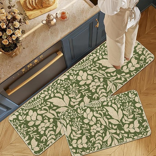 Spring Kitchen Rug and Mat Set of 2 Green Leaves Floor Mat Non Slip Rubber Backing Low-Profile Kitchen Rugs for Floor Summer Kitchen Decor for Home Bath Office- 17x29 and 17x47 Inch