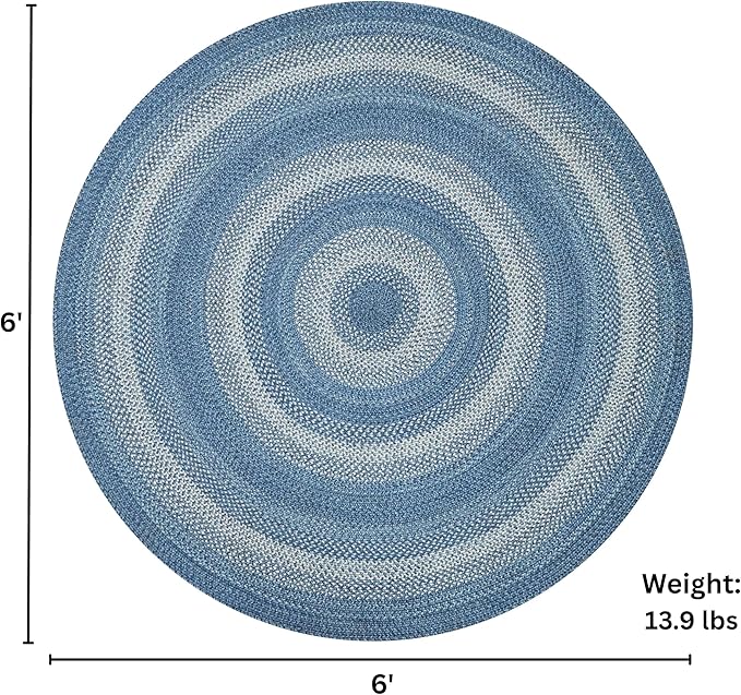 Homespice Denim Blue Round Braided Rug, Jute, 6' - Perfect Coastal Country Decor for Living Room, Dining Room, Everywhere