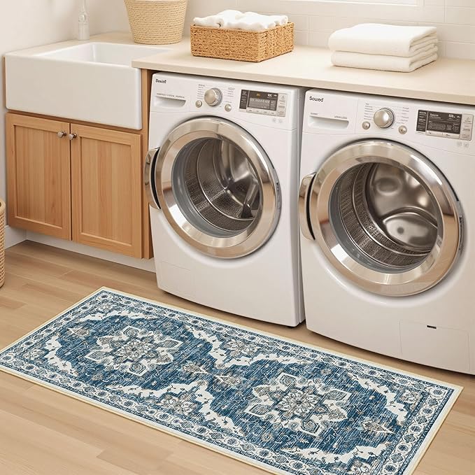 Tritard Non Slip Kitchen Rugs Sets of 3 Washable Kitchen Rug Boho Kitchen Mats for Floor Soft Kitchen Runner Rug Non Skid Kitchen Floor Carpet for Entryway Hallway Laundry Room, Blue