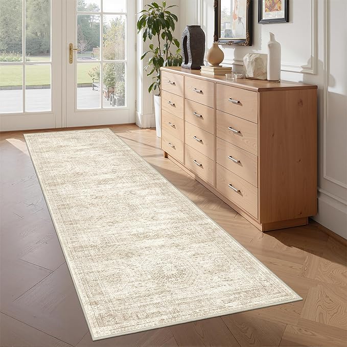 2x7 Runner Rug Non Slip, Thin Entryway Washable Rug for Entryway, Runners for Hallways, Low Pile Vintage Abstract Soft Rugs for Living Room, Kitchen, Bedroom(2'x7', Beige/Ivory)