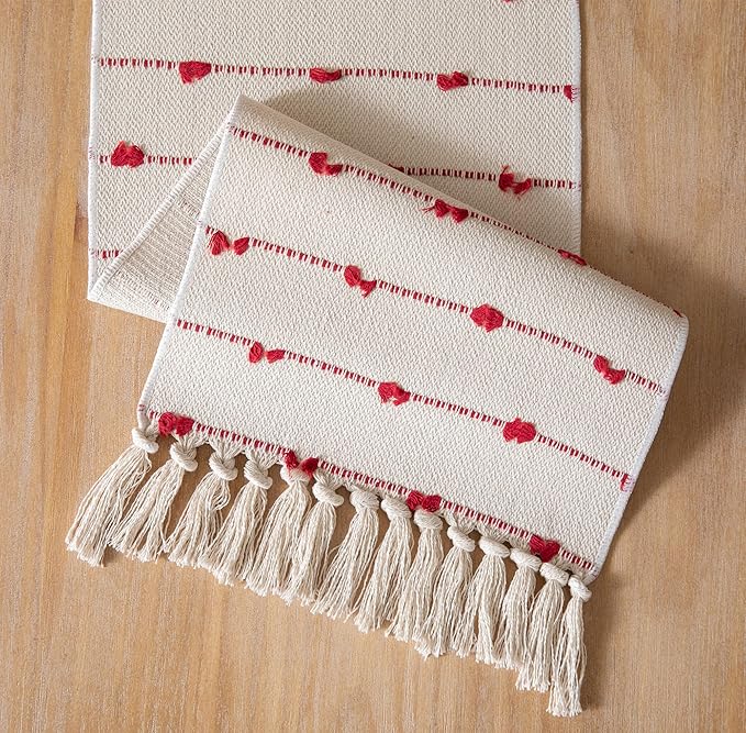 Caflife Christmas Valentines Table Runner 90 Inchs Long for Farmhouse Room Home Valentine's Day Decorations, Boho Red Table Runner, Natural Cotton Woven for Holiday Kitchen and Dining Table Decor