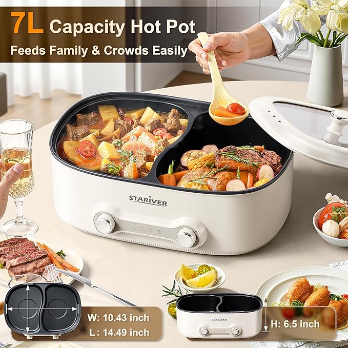 Stariver 7L Electric Hot Pot with Divider, 1200W Electric Pot, 2-Temp Control (Separate Settings per Side) Shabu Shabu Pot, Non-Stick Hotpot Pot Electric, Perfect for Family Dinners & Parties