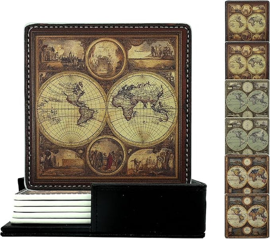 Marble Coasters Square Leather Drinks Coaster Set with Holder for Coffee Table Bar Home Decor 4 Inches Set of 6 (Old World Maps, One Size)