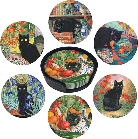 Cat Coasters Leather Round Drink Coasters 6 Pcs Set with Holderor for Cup Drink Coffee Table Bar Home Decor