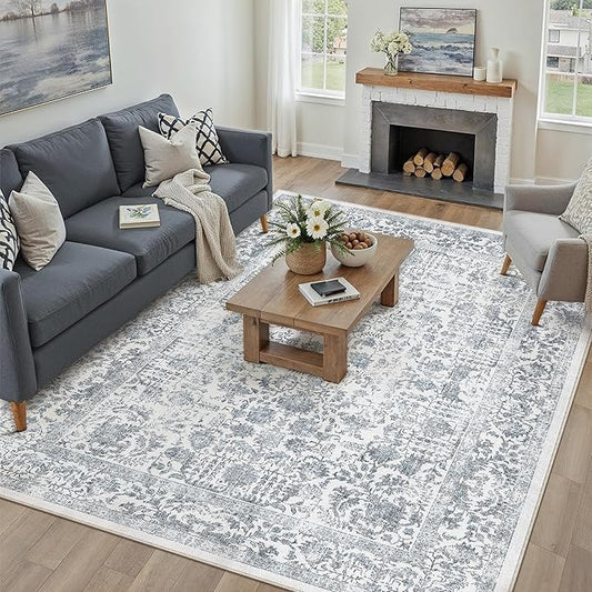 Navy Blue Area Rug 8x10 Machine Washable Large Vintage Living Room Distressed Non Slip Carpet Traditional Indoor Bedroom Retro Floral Accent Throw Rug for Office Kitchen Dining Room