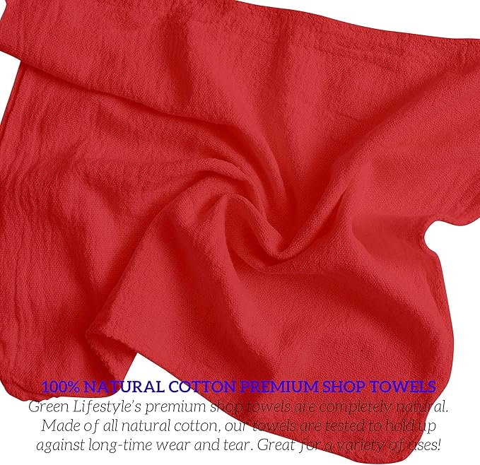 GREEN LIFESTYLE 600 Pack 12x14, Red Shop Towels 100% Cotton, Super Absorbent and Durable for Car, Reusable Shop Rags