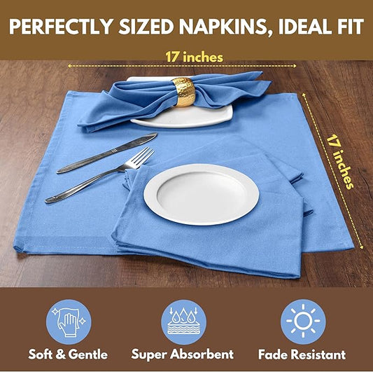 Native Fab Cloth Dinner Napkins, Set of 12, 17"x17", Soft, Absorbent, 100% Cotton, Restaurant Hotel Quality - Cocktail Napkins, Wedding, Dinner Napkins - Everyday Use, Easy Care Washable - Sky Blue