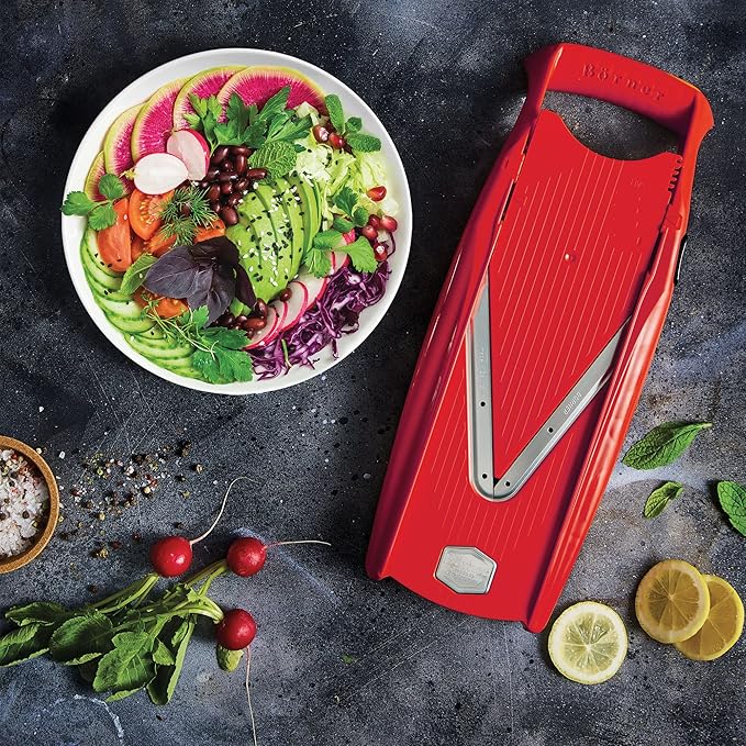 Börner Mandoline Slicer V5 (Starter Set) • Vegetable V-Slicer for Slices, Sticks & Dices in Various Sizes • With Stainless Steel V-Blade • Adjustable Kitchen Slicer • Color: Red