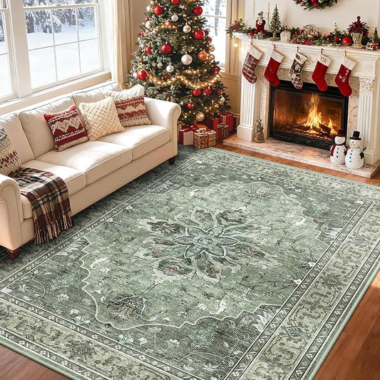 Area Rugs 5'x7' Washable Non-Slip, Floral Vintage Distress Print Pattern Medallion Carpet for Living Room Bedroom Dining Room, Dark Green Gray