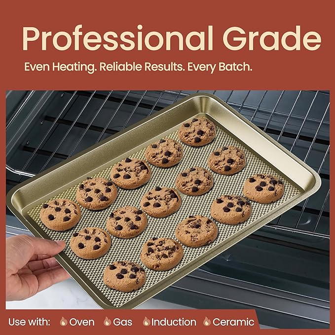 Diamond Bottom Cookie Sheet Set of 3, Nonstick Gold Carbon Steel Baking Pans for Crisp Baking, Space-Saving Stackable Trays, PFOA, PFOS, PTFE Free, Oven Safe Up to 450°F, Small, Medium & Large Sheets