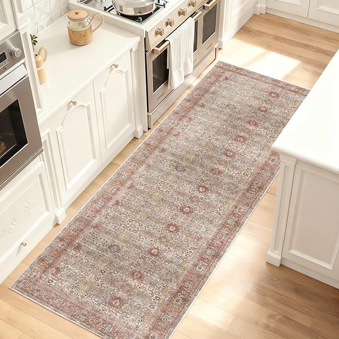 Kuden 2'6"x12 Runner Rug, Machine Washable Area Rug with Non-Slip Backing, Vintage Style, Soft, Easy Clean, Low Pile Rug for Hallway, Entryway, Kitchen, Bedroom