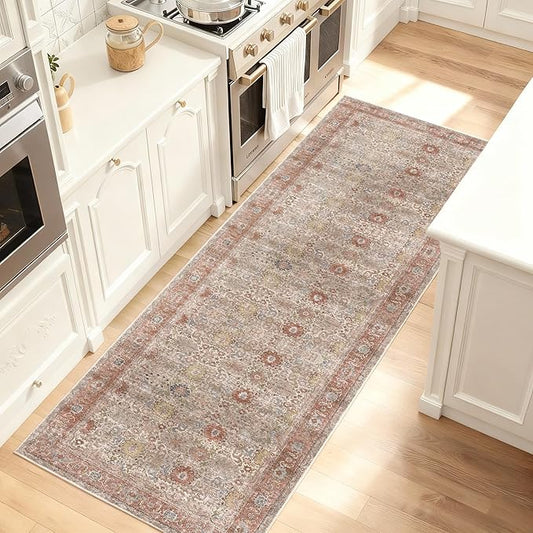 Kuden 2'6"x10 Runner Rug, Machine Washable Area Rug with Non-Slip Backing, Vintage Style, Soft, Easy Clean, Low Pile Rug for Hallway, Entryway, Kitchen, Bedroom