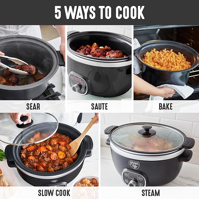 GreenLife 6QT Slow Cooker, Non-Toxic PFAS-Free Ceramic Nonstick Removable Interior Bowl, Programmable, Family Friendly, Keep Warm, Stovetop & Oven Safe, Dishwasher Safe Crock, Timer, Glass Lid, Black