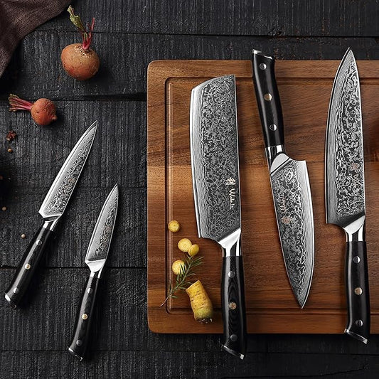 Wakoli Elite Cuisine Knife Block Set – 5-Piece Professional Damascus Kitchen Knife Set with Magnetic Block, G10 Handles & VG10 Core in Elegant Gift Box