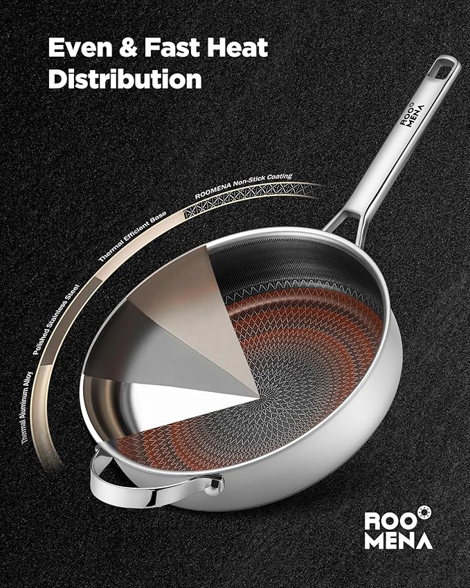 Roomena Saute Pan with Lid, Hybrid Ceramic Nonstick 12 Inch 5-Quart Tri-Ply Stainless Steel Skillet, PFAS/PFOA/PTFE Free, Metal Utensil Safe, Dishwasher & Oven Safe, Induction Compatible