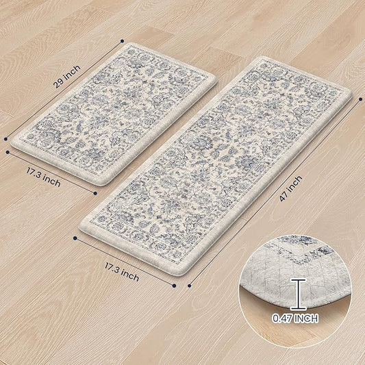 KIMODE Anti Fatigue Kitchen Mats for Floor, Boho Floral Kitchen Rugs 17"x29.5"+17" x47”, Cushioned Mats for Kitchen Floor, Non Slip Kitchen Floor Mats, Sink, Laundry, Office, Desk Blue Multi