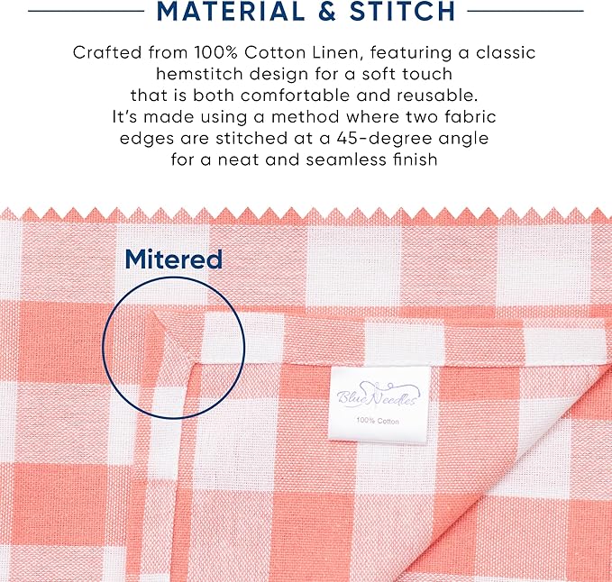 Blue Needles Gingham Buffalo Plaid Cloth Napkins 100% Cotton Set of 12 Dinner Table Napkins 18x18 inch Soft, Reusable, Washable Perfect for Wedding Parties & Everyday Use - Salmon & White
