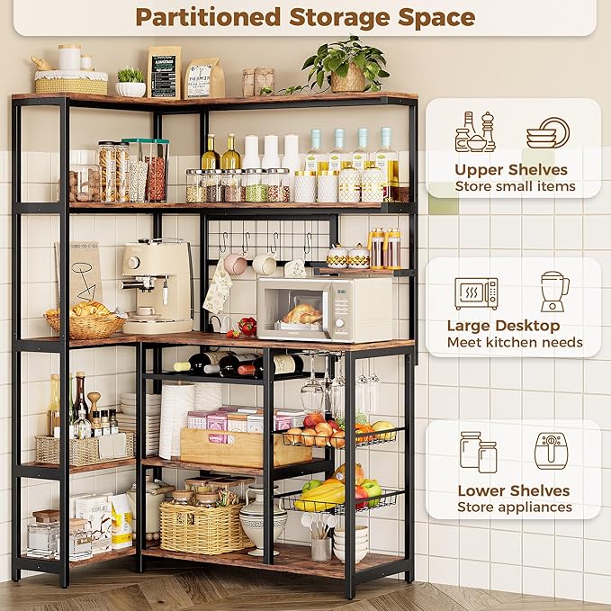 IRONCK Large Bakers Rack with Power Outlet, 6-Tier Corner Microwave Stand, Industrial Coffee Bar with Wine Rack, Hooks & Wire Baskets for Kitchen Spices/Pots, Rustic Brown