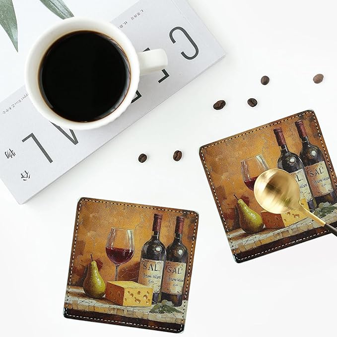 Marble Coasters Square Leather Drinks Coaster Set with Holder for Coffee Table Bar Home Decor 4 Inches Set of 6 (Vintage Wine, One Size)
