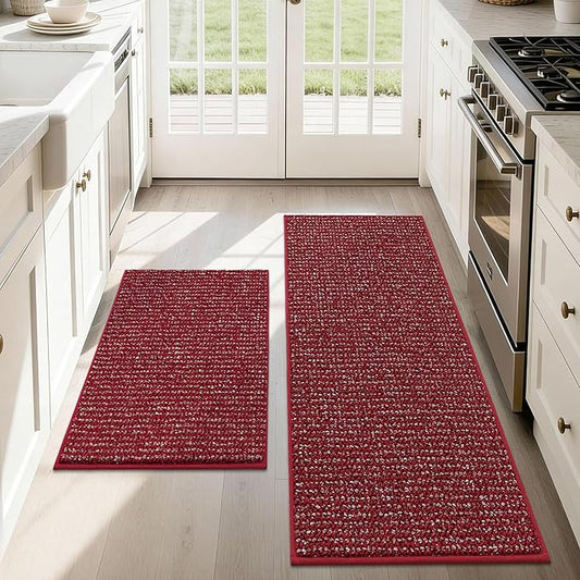 JSEI Kitchen Rugs and Mats, 2PCS Non-Slip Kitchen Mats for Floor, Machine Washable Absorbent and Stain Resistant Kitchen Runner, Carpet Mats with TPR Backing for, 20''x32''+20''x48'', Red