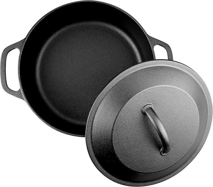VORRINGARD Pre-Seasoned Cast Iron Dutch Oven with Lid, Round and Dual Handles, for Stovetop, Camping, Grill, Induction, Electric, Black, 6qt