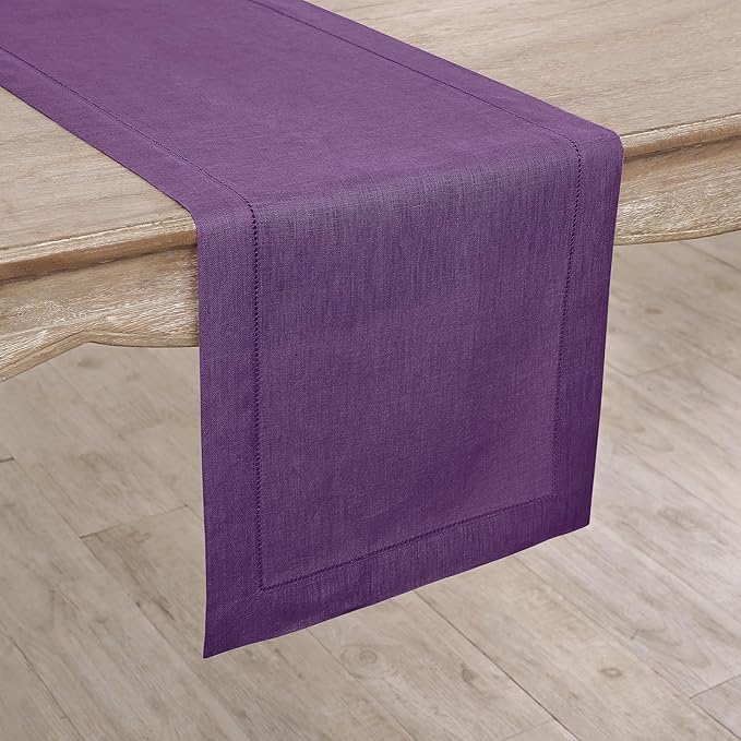 Solino Home Linen Purple Table Runner 108 Inches Long - 100% Pure Linen Hemstitch 14 x 108 Inch Table Runner for Dining, Valentines, Spring, Easter - Classic Hemstitch