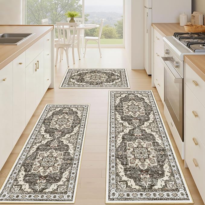 Tritard Non Slip Kitchen Rugs Sets of 3 Washable Kitchen Rug Boho Kitchen Mats for Floor Soft Kitchen Runner Rug Non Skid Kitchen Floor Carpet for Entryway Hallway Laundry Room,Beige Brown
