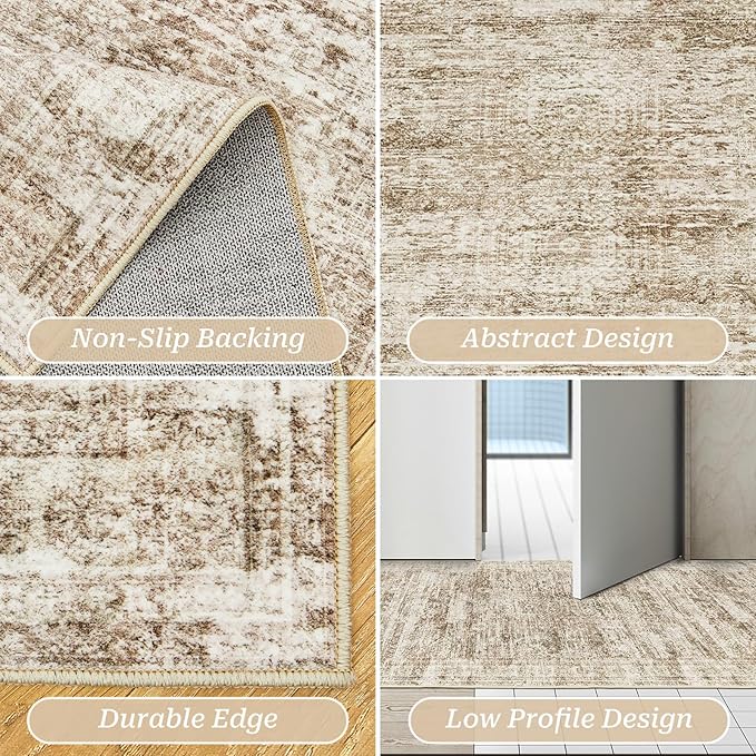 Kitchen Runner Rug Non Slip - 2.5 x 8 Runners for Hallways, Entryway, Bedroom, Washable Runner Rugs for Bathroom, Laundry Room, Low Pile Soft Vintage Area Rug(2.5'x8', Brown/Ivory)