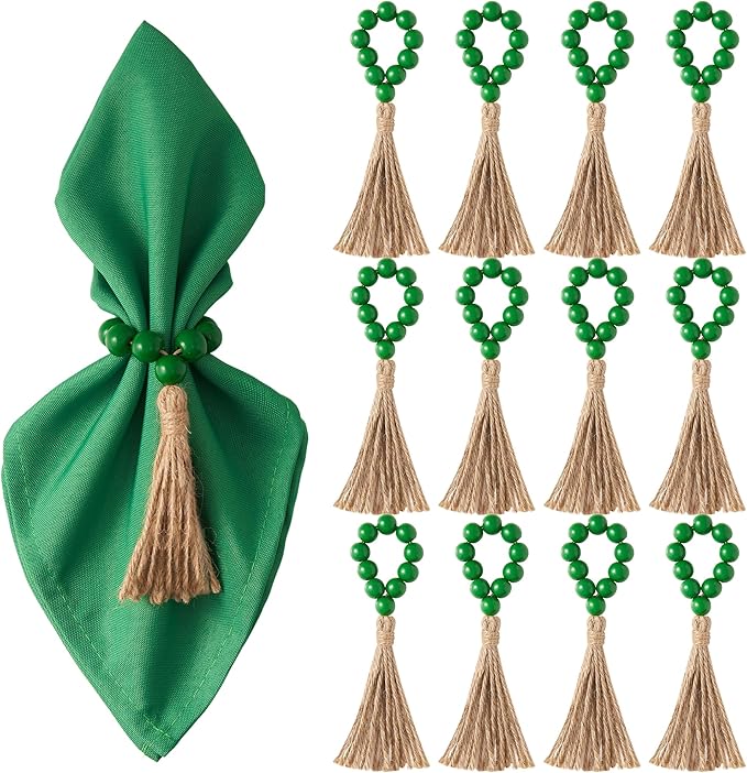APTWOW Napkin Rings Set of 12, Green Wooden Bead Napkin Rings for Table Decor, St Patricks Day Farmhouse Napkins Rings for Boho Table Decor, Spring Banquet, Wedding, Holiday Dinner Party, Easter