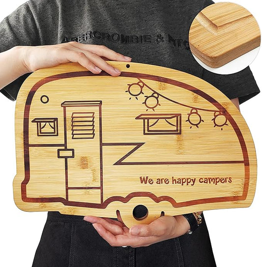 Happy Camper Bamboo Large Cutting Board, Rv Wooden Stove Top Cover Noodle Board,Meat Cutting Board for BBQ, Carving Board for Turkey,Large Charcuterie Board,RV Kitchen Decoration