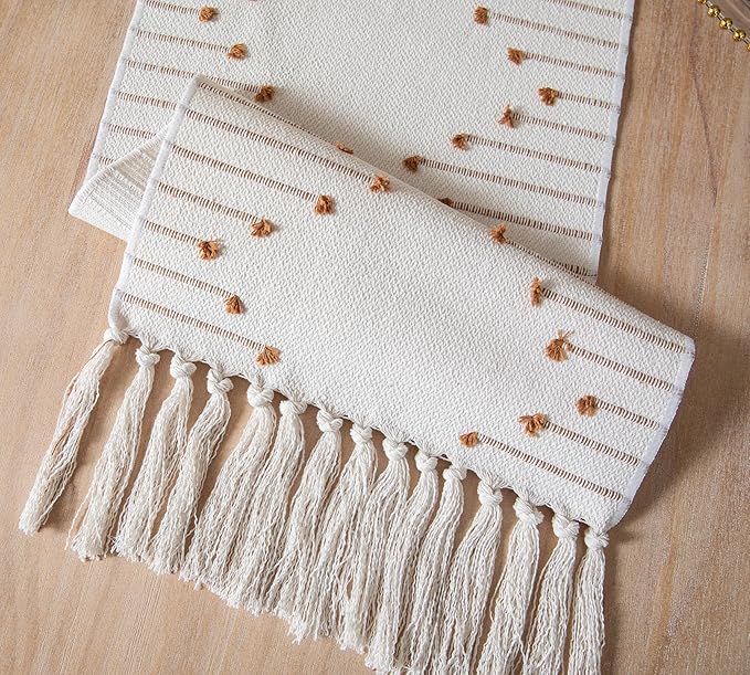 Boho Table Runner 13 x 60 Inch Long Natural Cotton Woven Runner with Tassels for Home Dining Table décor, for Modern Farmhouse Decor Coffee Table Runner, Brown and Beige