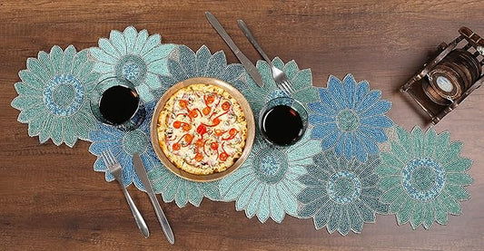 ALPHA Living HOME Bedaed Table Runner- 13x36 Glitz Décor for Farmhouse, Bridal, and Holiday Celebrations Luxury Dining Table Accent, Rustic Chic, Artisan-Made, Modern Floral (Blue)
