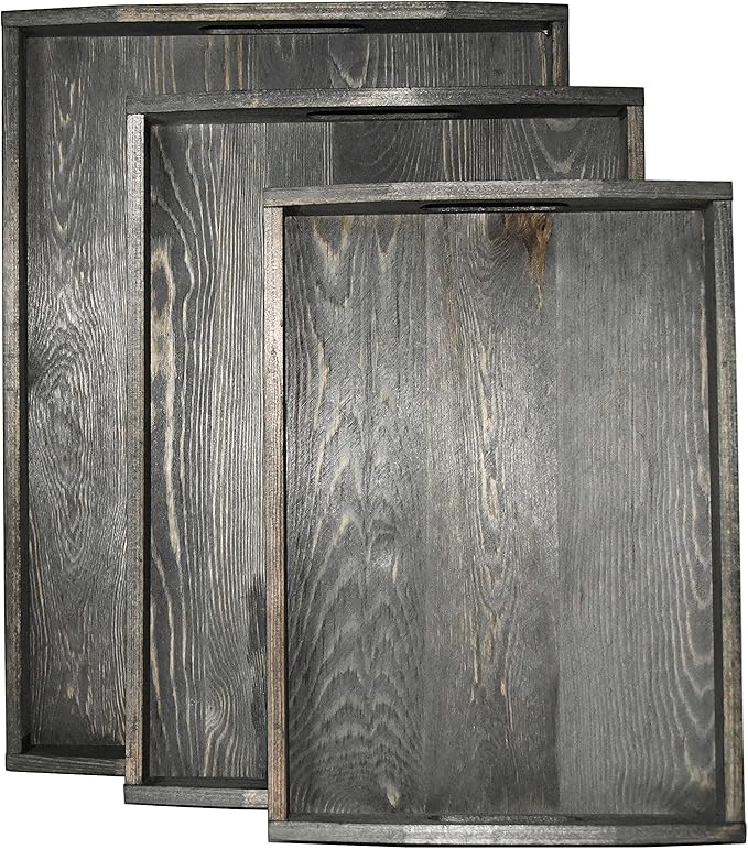 Owlgift Vintage Grey Wood Serving Trays with Brass Metal Wrap Accents, Set of 3